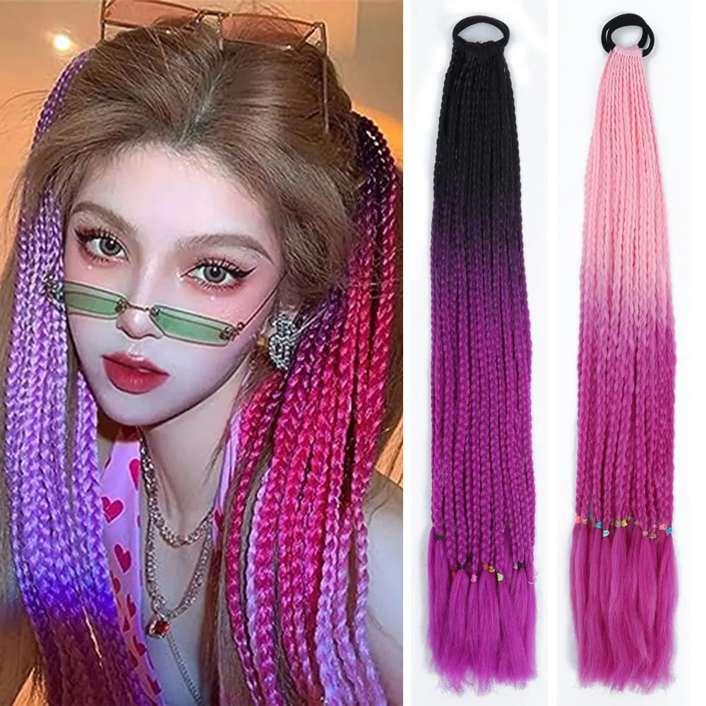 AZQUEEN Synthetic Colored Braided Ponytail Hair Extension Rainbow Color Braids Pony Tail With Elastic Band Girl's Pigtail