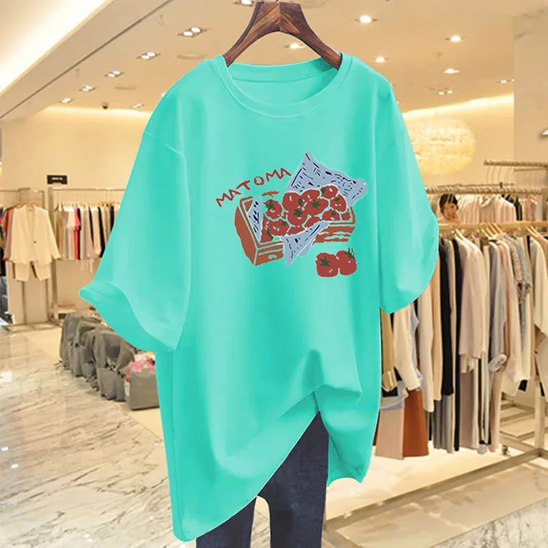 Verano 2025, nueva moda, camisetas con estampado de tomate pintadas a mano, ropa de mujer, Top informal holgado de algodón puro, camisetas elegantes de manga corta