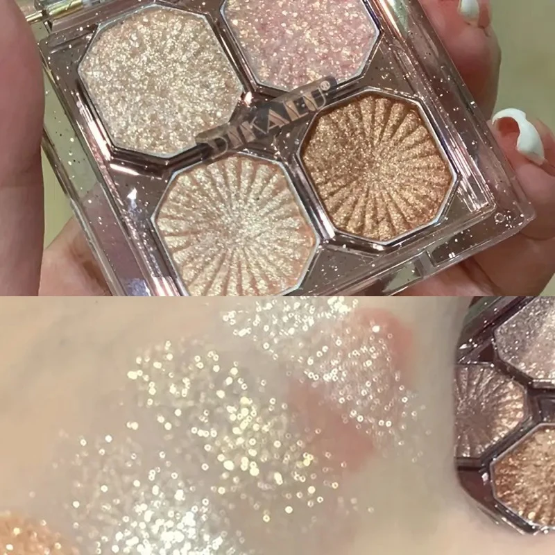 Shimmering Diamond Glitter 4-Color Eyeshadow Palette, Luxurious Pearly Luminous Grey-Brown Shades, High Fashion Eye Makeup