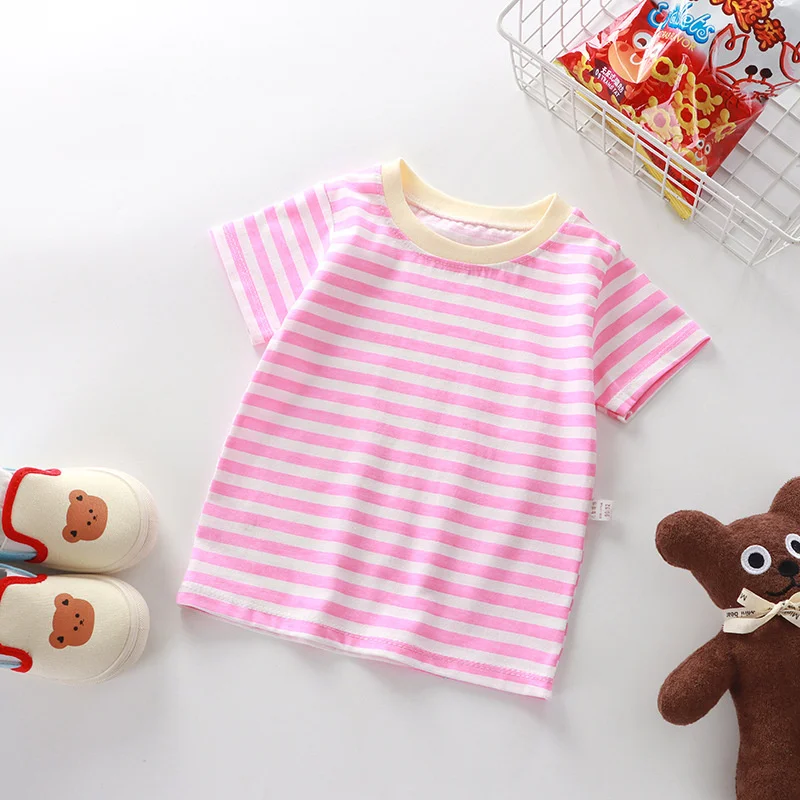 Children's Striped T-shirt Buy 1 Get 1 Free Boys Girls Summer Short-sleeve Bottoming Shirt 2Pcs New Kids Tops Clothes 2Pcs/pack