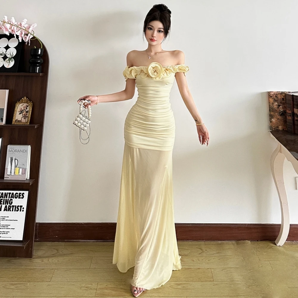 SylCue Slash Neck Skirt Suit 3D Flower Hip-Wrapped Dresses+Mesh Comfortable Breathable Skirts French Elegant Style Streetwear