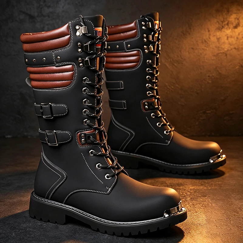 men fashion cosplay stage high motorcycle boots black designer shoes cowboy original leather boot long platform knight botas man
