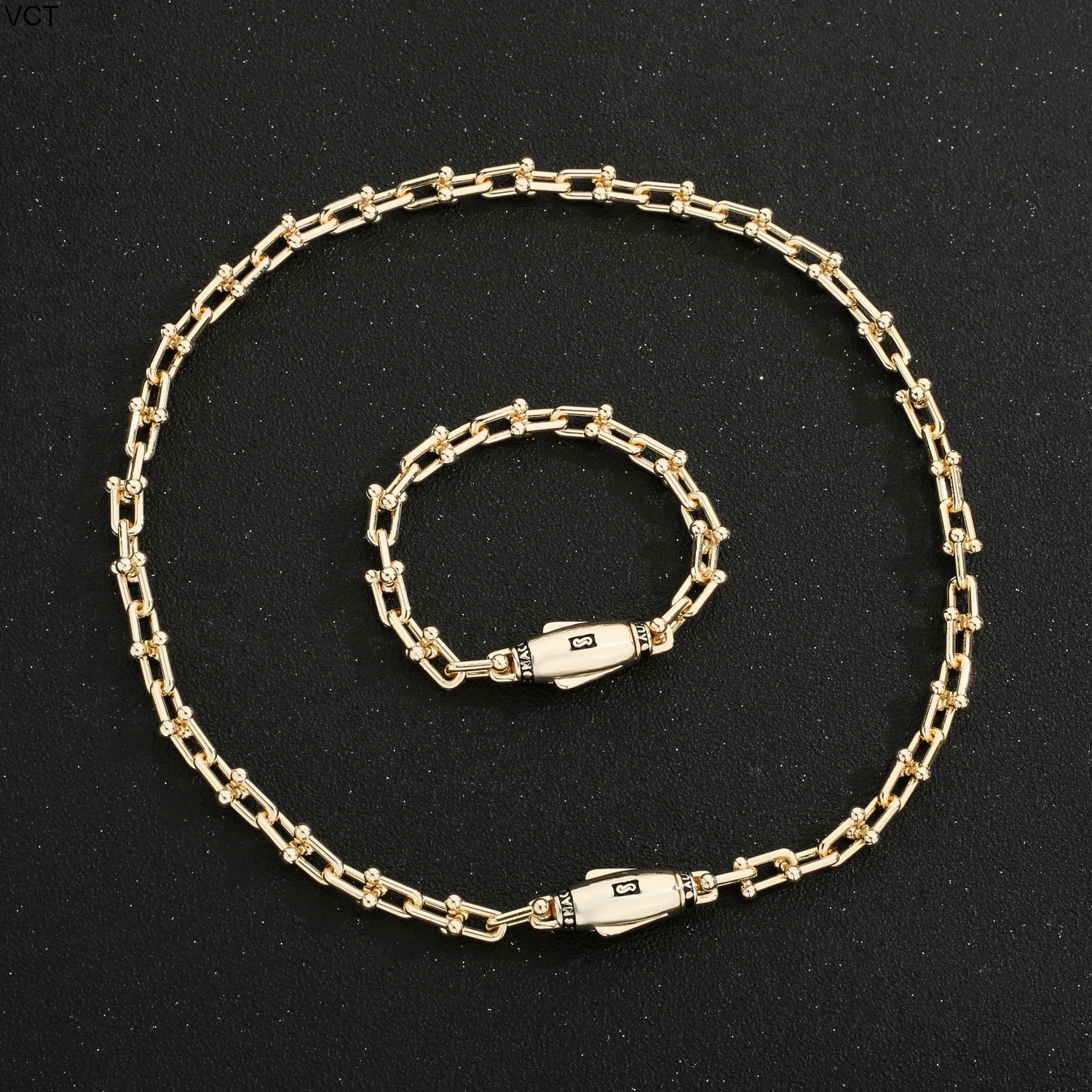 VCT Monaco Chain 14K Gold Plated Handmade Fashion Jewelry Cuban U Shape Necklace and Bracelet Unisex Jewelry Set Free Shipping