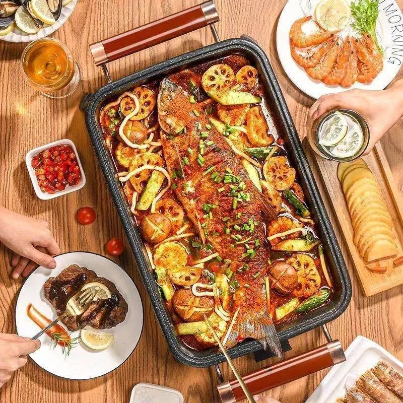 Hot pot and barbecue integrated paper-wrapped fish special pot, household electric grill pan, smokeless grill machine, paper