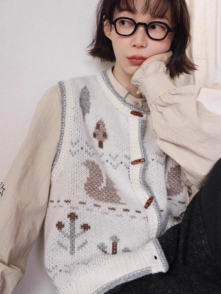 

Korobov Preppy Prairie Chic O Neck Horn Button Jacquard Cartoon Knitted Sweater Vest