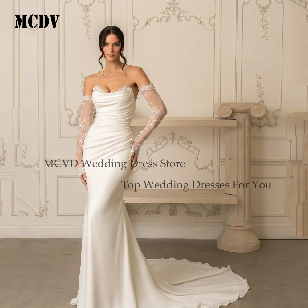 

MCDV 2025 Elegant Wedding Dresses Lace Long Sleeves Backless Mermaid Satin Bridal Gowns Sweep Train Robes De Mariée Customized