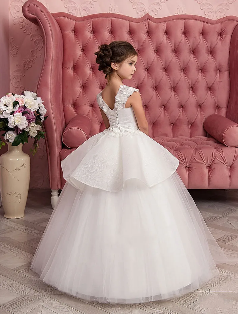 

Simple White Flower Girl Dress for Wedding Tulle Puffy Lace V-Back Birthday Party First Communion Ball Gowns Kids Elegant Wear