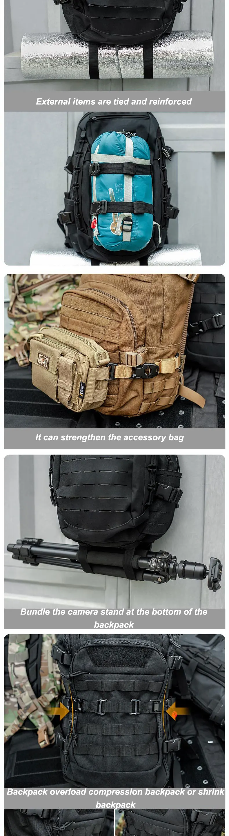 MOLLE-Gurte mit Schnallenclips, Kompressionsgurte für Taktische Ausrüstung, Outdoor-Rucksack-Zubehör, Gepäckgurte, Werkzeuggurte – Detail 2