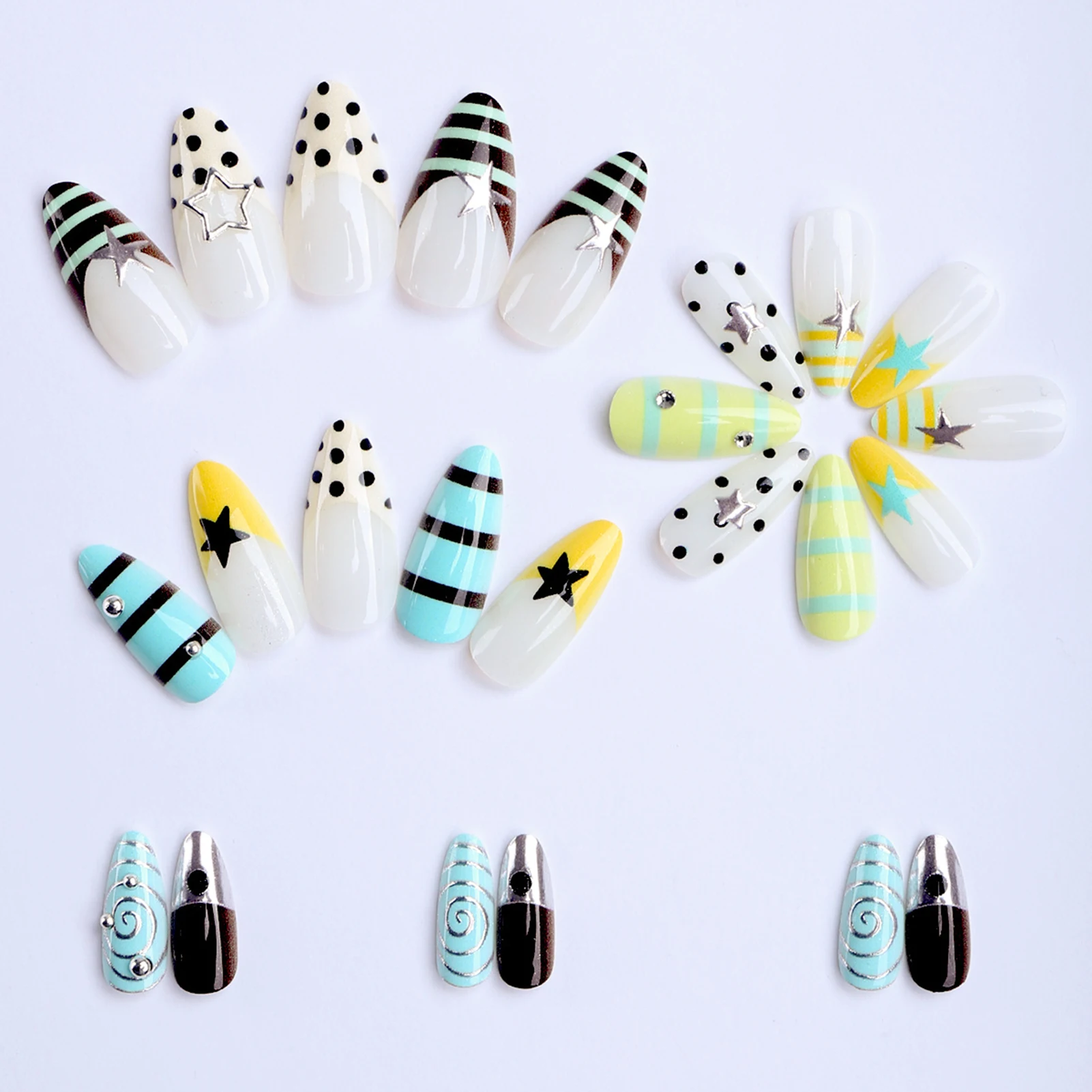 24pcs Y2k Almond False Nails Polka Dot Stripes French Style Fake Nails With Silver Five-pointed Star Designs Cool Press On Nail
