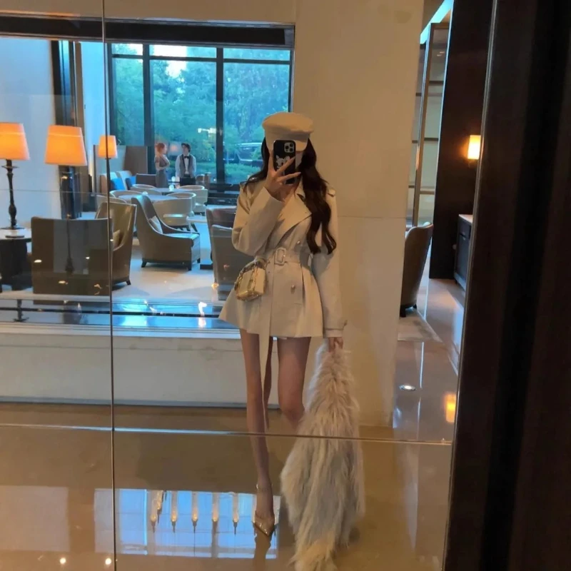 

Британский двубортный плащ, женская короткая куртка цвета хаки с поясом на талии