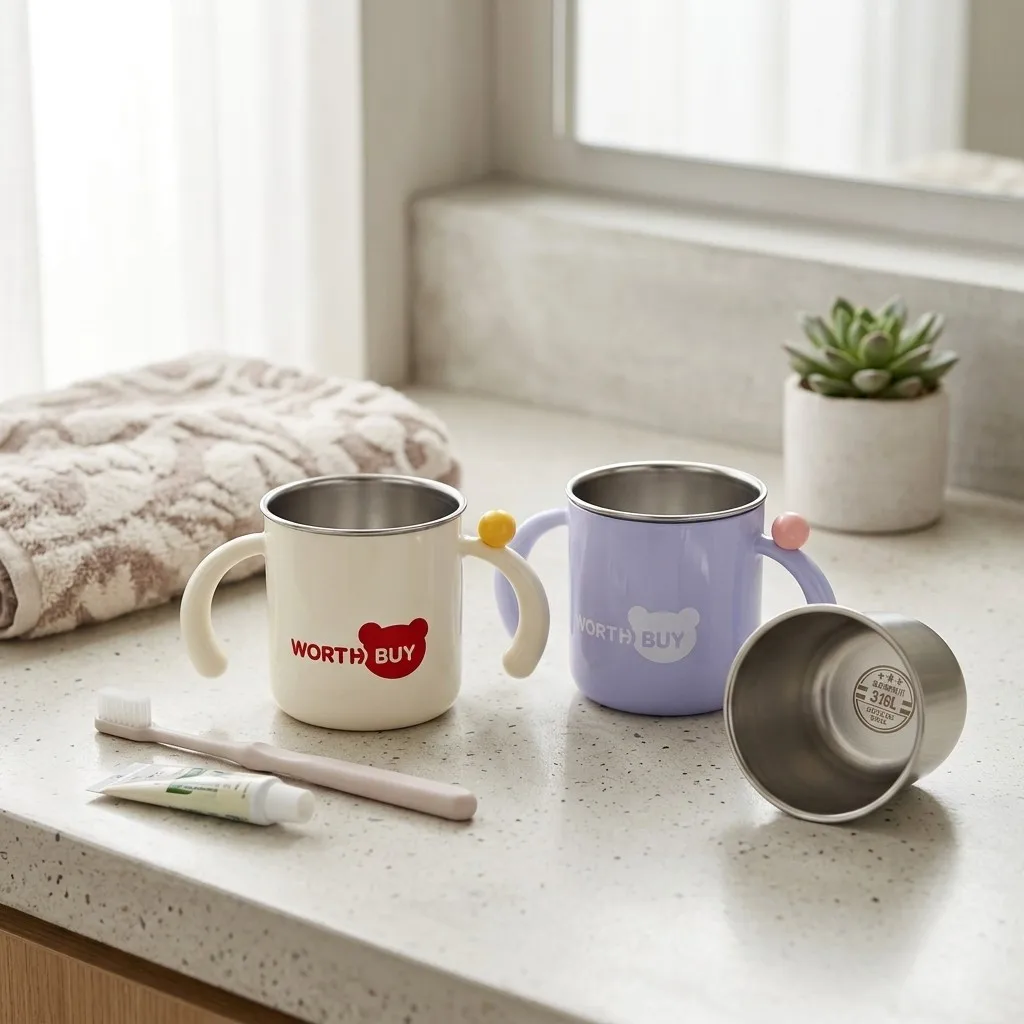 Bathroom Tumbler Toothbrush Holder Cup 316 Stainless Steel Gargle Cup Detachable Plastic Mug Anti-Scald Handle Accessories