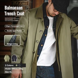 Maden Casual Balmacaan Trench Coat Loose Fit Green Windbreaker Heavyweight Twill Vintage Long Jackets for Men's Fall and Winter