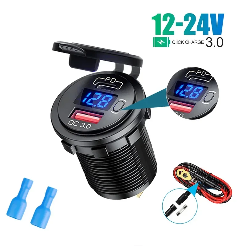 

QC 3.0 car charger dual ports PD type C fast charger socket with button switch power outlet led voltmeter for 12v 24v motorcycle