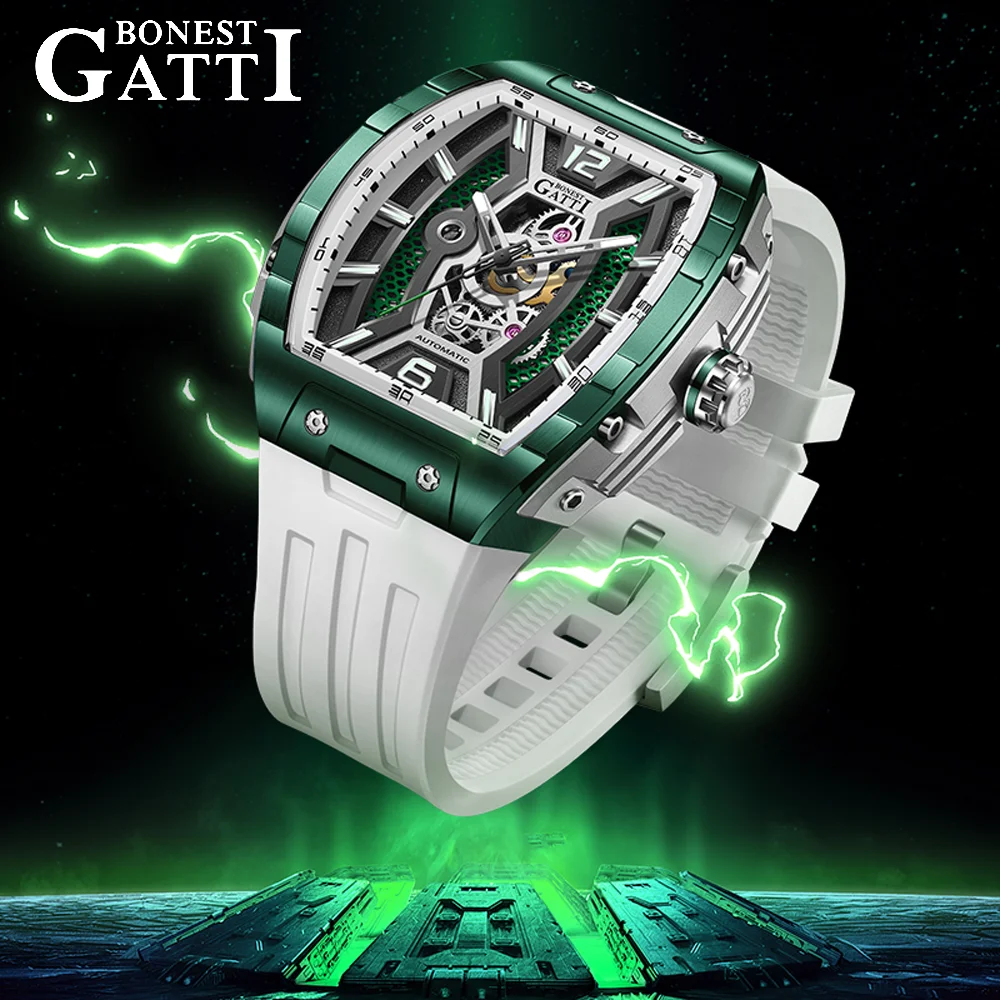 BONEST GATTI Men's Tonneau Auto Mechanical Watch Luxury Sapphire Crystal Silicone Strap 5ATM German Crafted Crafted BG-5601