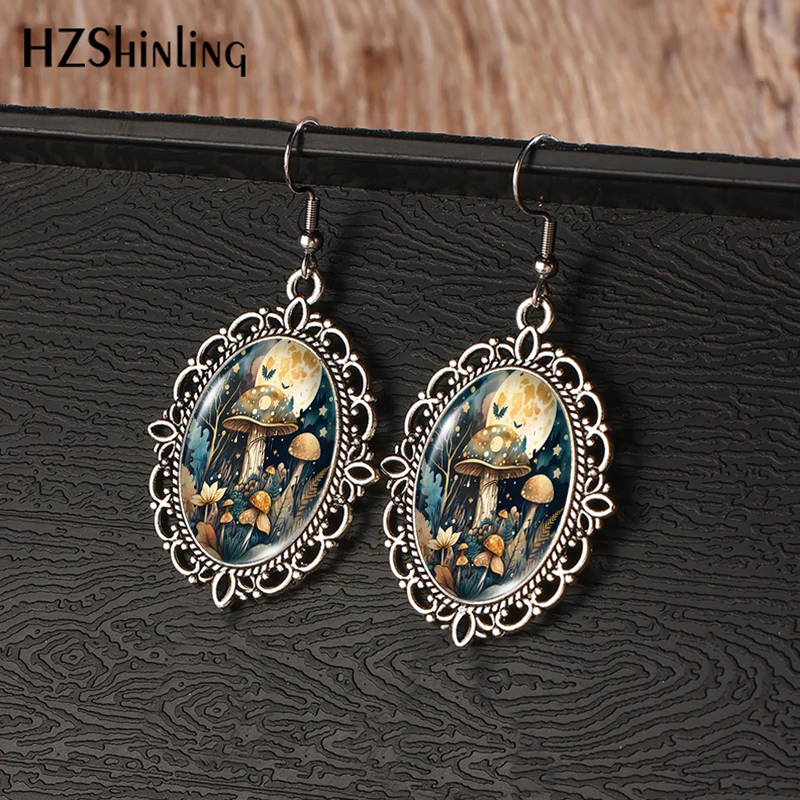 2024 New Moon Mushroom Vintage Dangle Earring Fish Hook Earrings Oval Glass Dome Jewelry Gift Girls