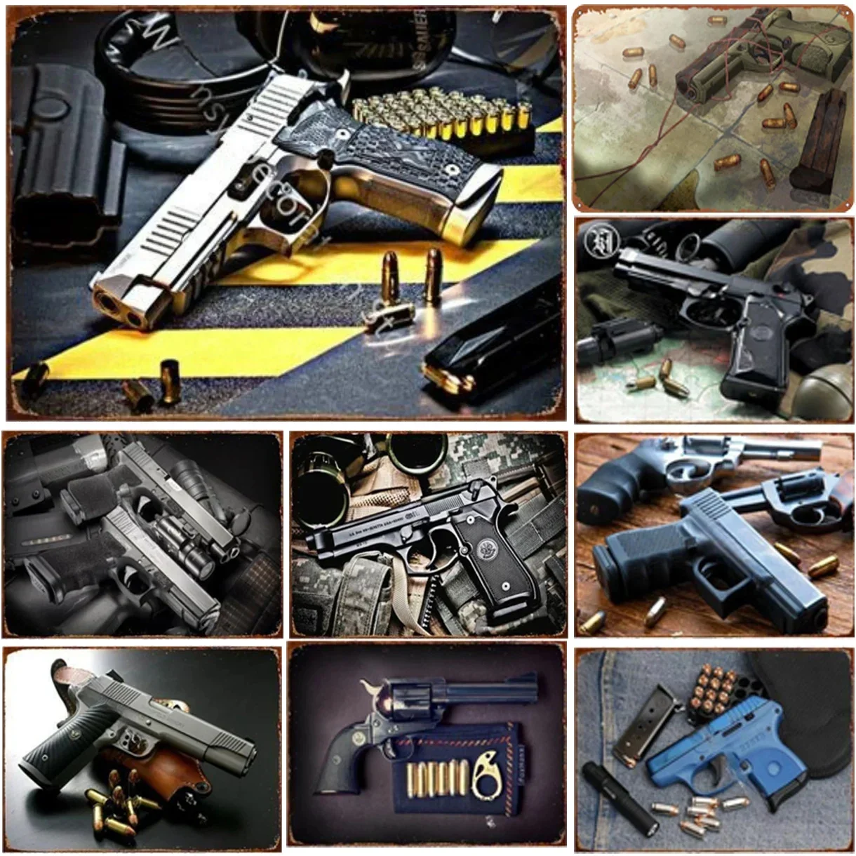 Pistol Military Metal Tin Signs Plaque Wall Decoration Vintage Art Posters Iron Painting for Man Cave Home Cafe Garden Club Bar