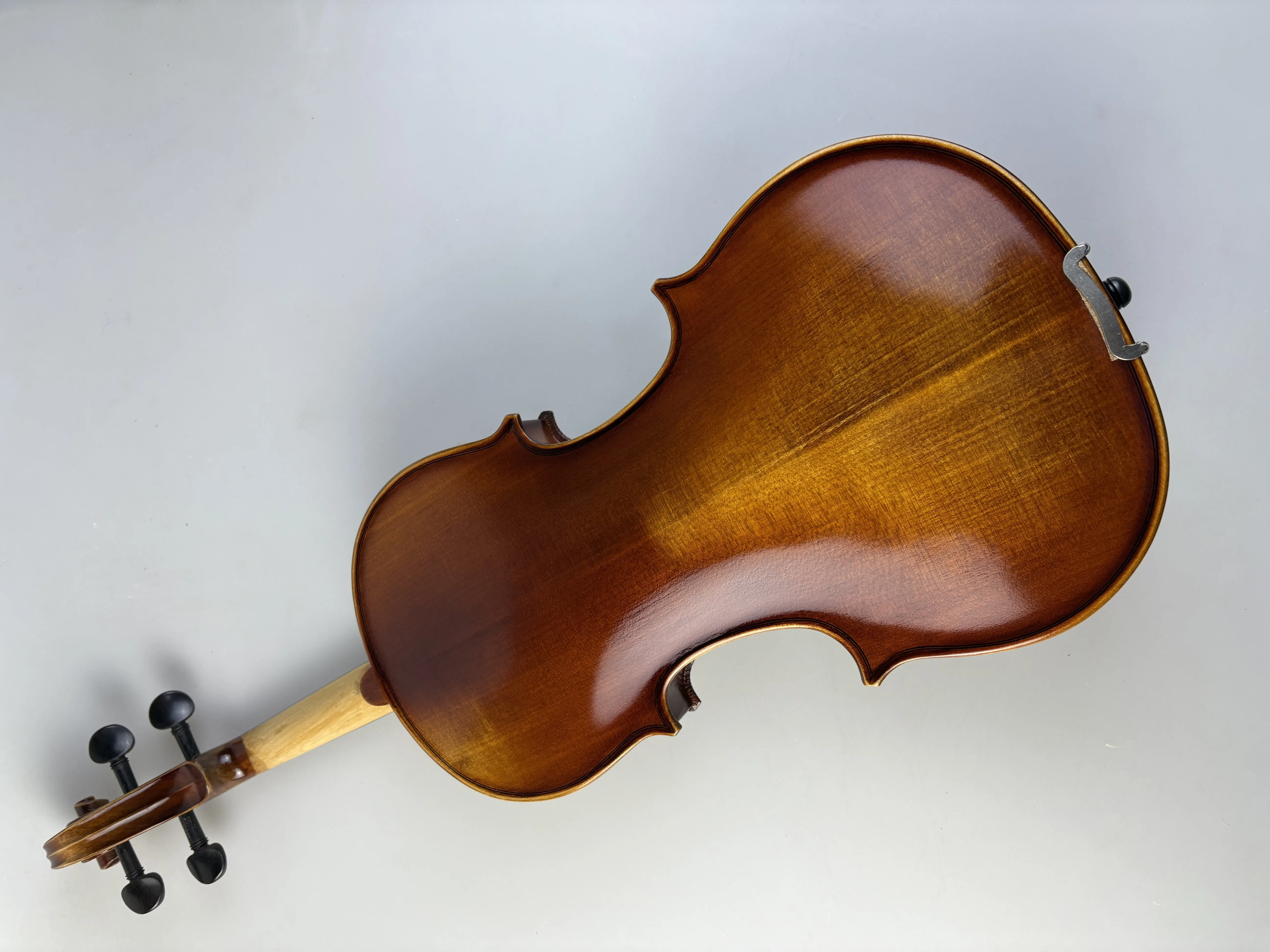 4/4 violin with square box, ebony bow, rosin, plastic shoulder rest, spare strings