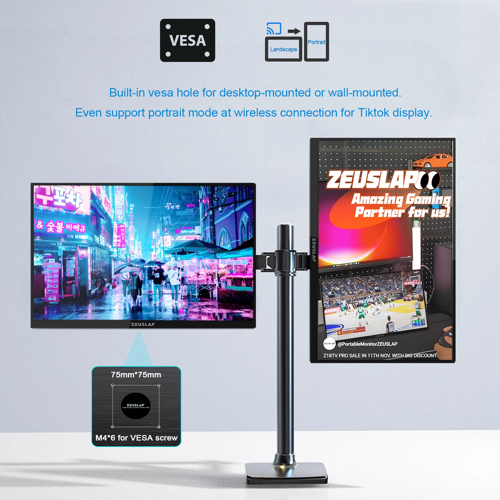 ZEUSLAP Monitor portatile Miracast wireless da 16 pollici Funzione touch Estendi lo schermo per il telefono portatile PS5 Xbox con batteria