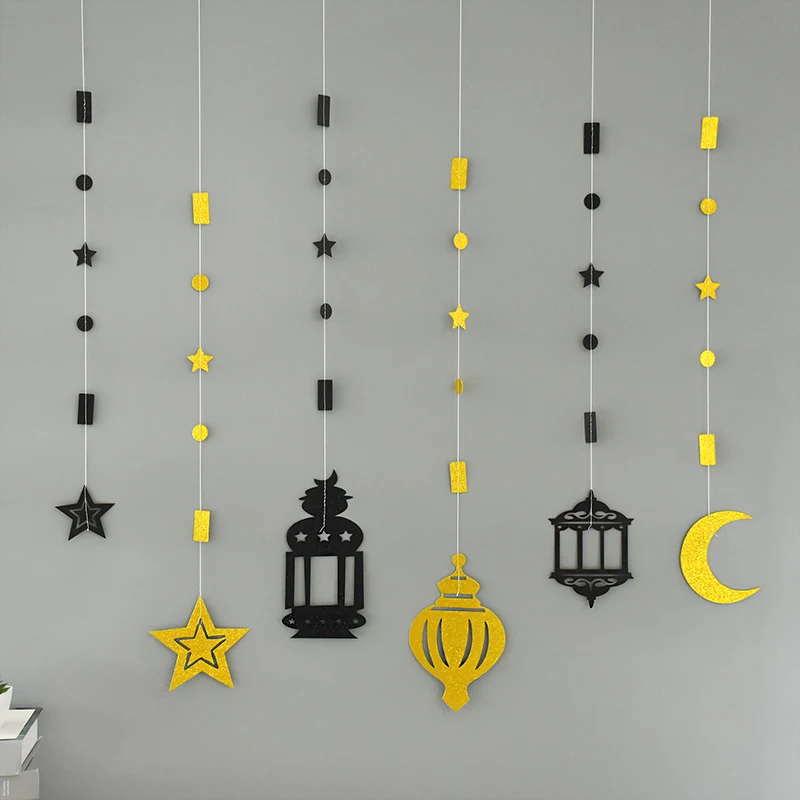 EID Mubarak Swirl Banner Star Moon Ceiling Hanging Ornament Ramadan Kareem Decoration for Home 2024 Islam Muslim Party Supplies