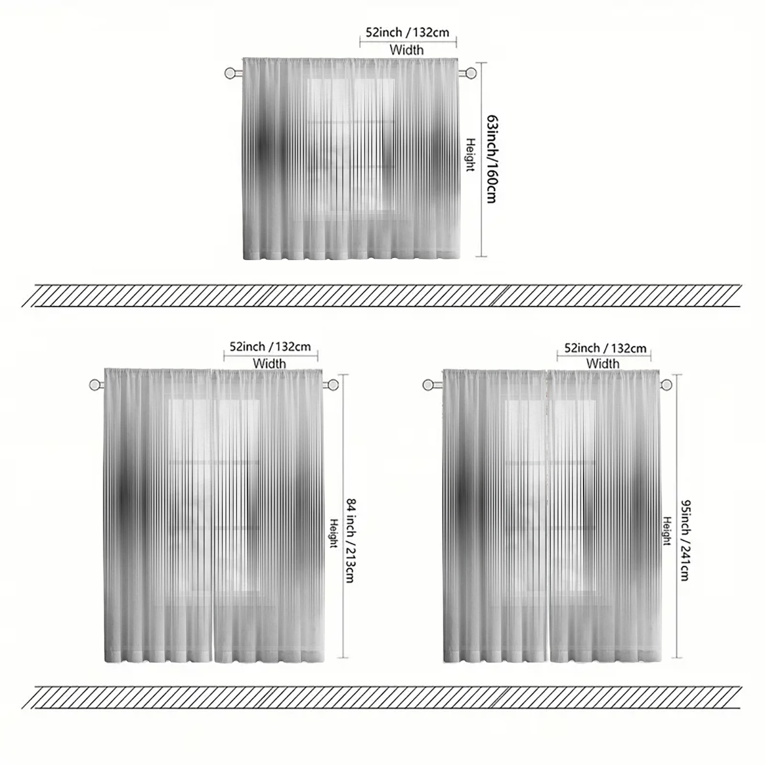 2 Pieces HD Digital Black gray gradient lines Printed Window Screen Home Decor Style Decoration Living Room Bedroom Rod