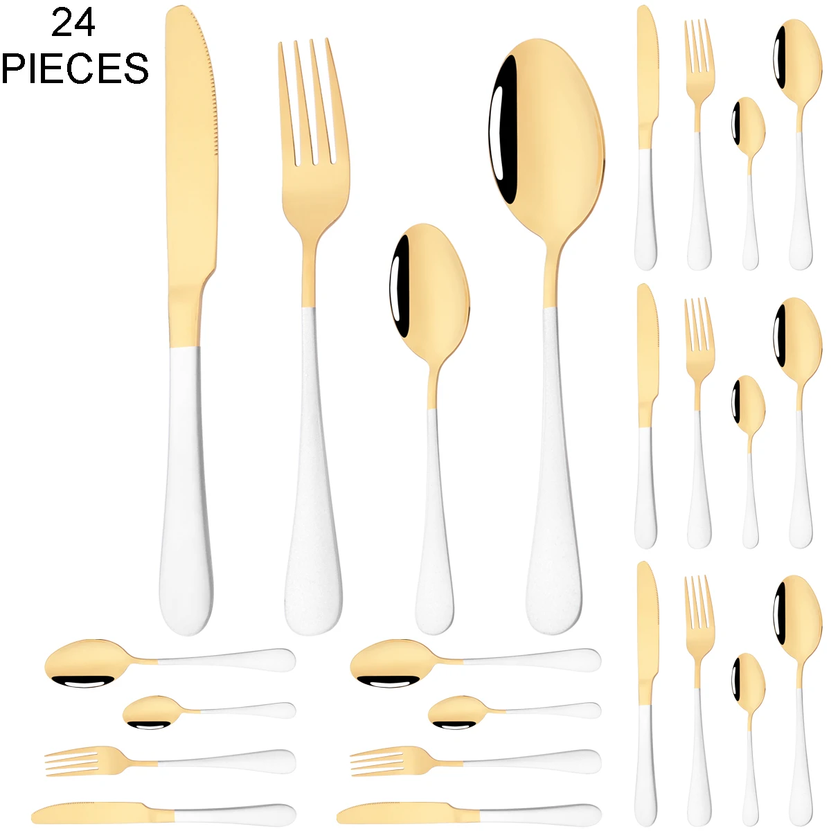 

24Pcs Knife Forks Dessert Spoon Cutlery White Gold Dinnerware Set Stainless Steel Tableware Western Flatware Kitchen Silverware