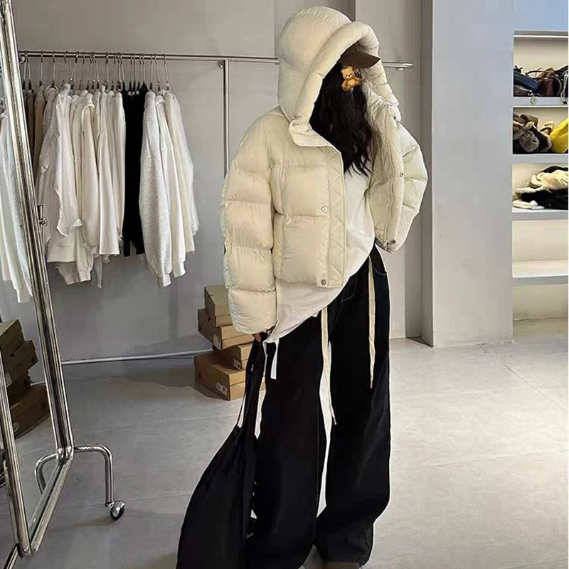 2024 Winter White Duck Down Hooded Puffer Jacket Thick Warmer Oversize Jacket Cotton Long Sleeve Zipper Padded Coat Female