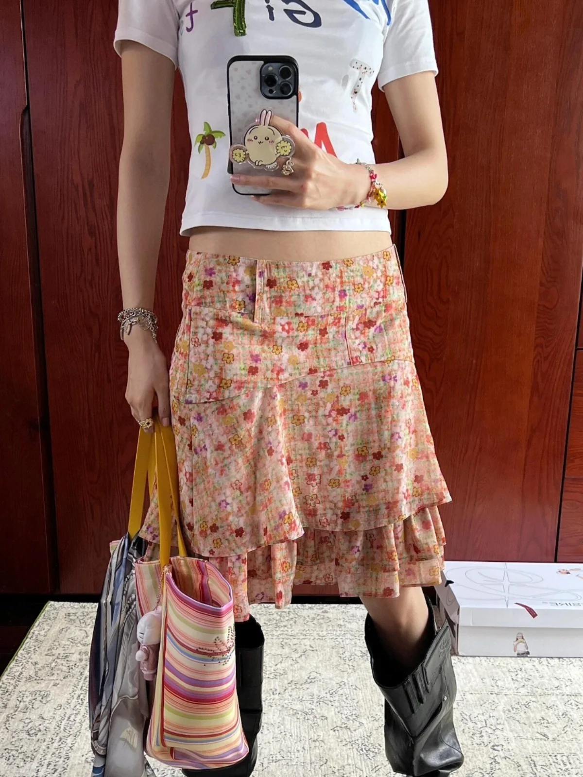 Zomer Vaion oranje bedrukte f rok dames retro patchwork vitali a-lijn midi rok woon-werkverkeer met ritssluiting