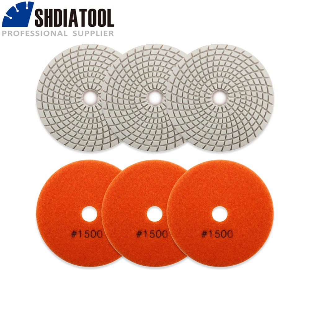 SHDIATOOL 6pcs 125MM #1500 Diamond Flexible Wet Polishing Pad For Stone White Bond Spiral Type Diameter 5 inch