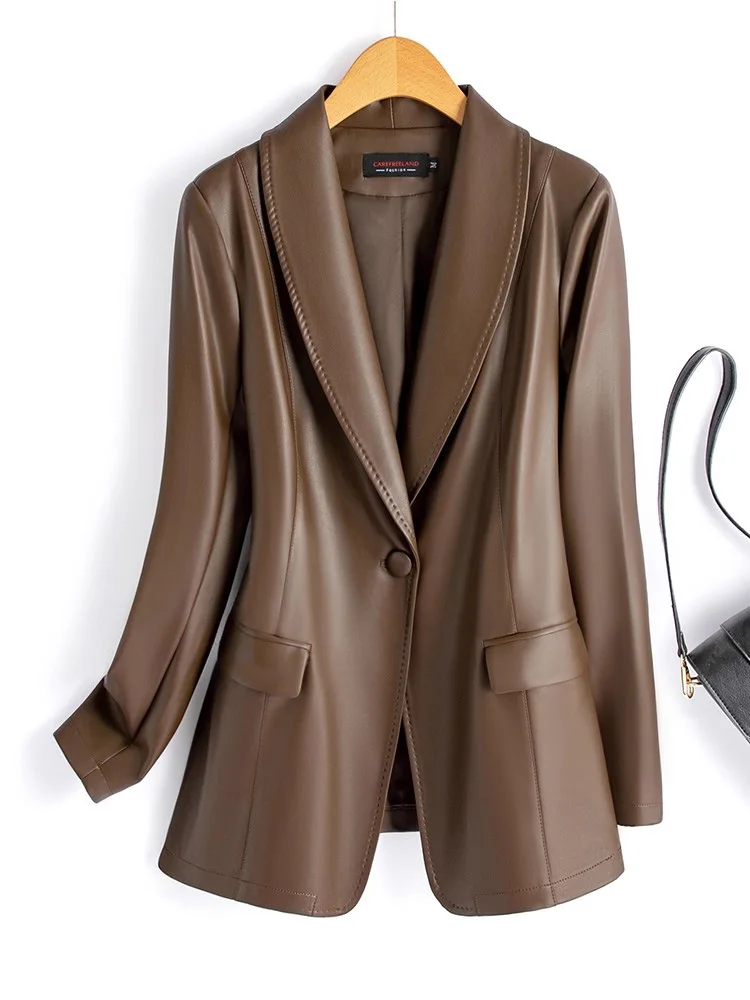 Nuovo Donne Primavera Autunno Split Blazer in pelle Moda Colletto dentellato Pulsante singolo Vita sottile Giacca in pelle Cappotto casual Donna