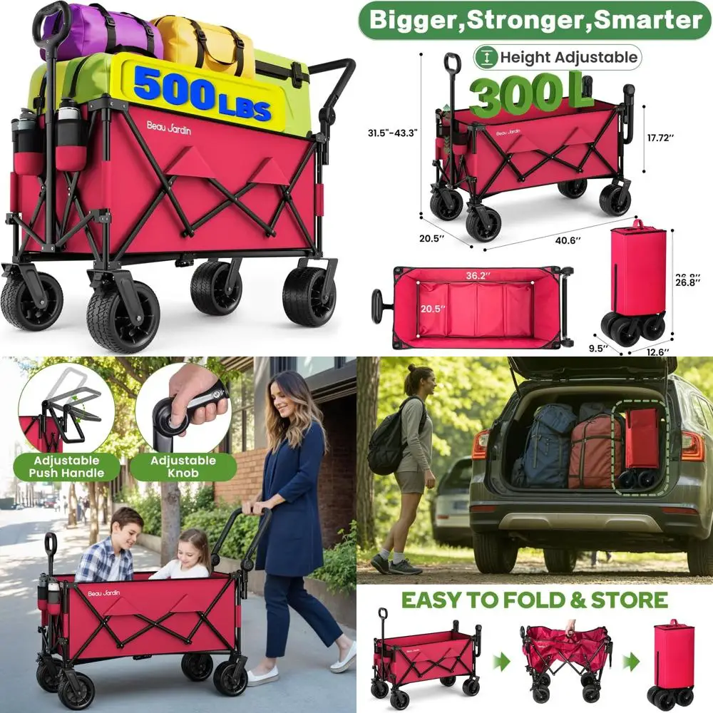 

All-Terrain Collapsible Utility Wagon with Push Handle, 500lbs Capacity, Ideal for Beach, Grocery, Camping, and Gardening