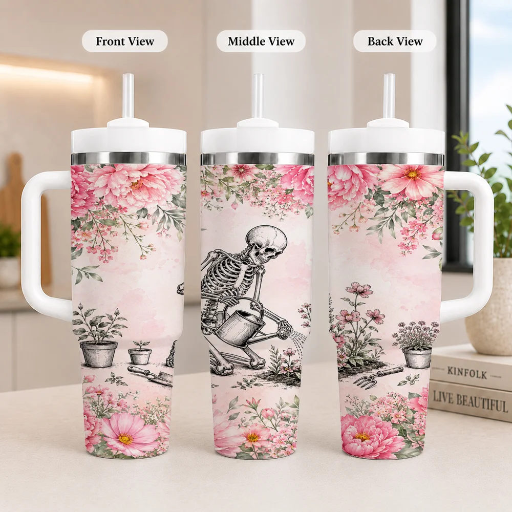 Skeleton Tea Party Vacuum Flasks 40oz Leakproof Steel Tumbler w/ Lid Straw Handle Hot Cold Drinks