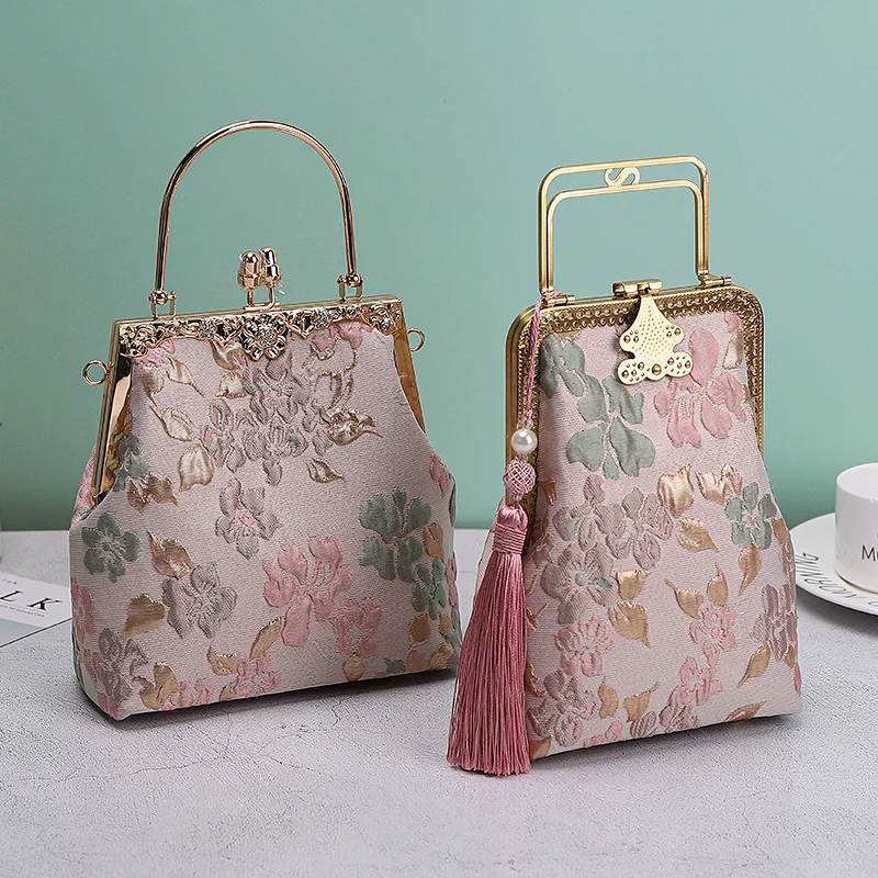 Bolsa de flores clássica oca para mulheres, bolsas de casamento, franja borla, fechadura de corrente artesanal, bolsa vintage, bolsa rosa