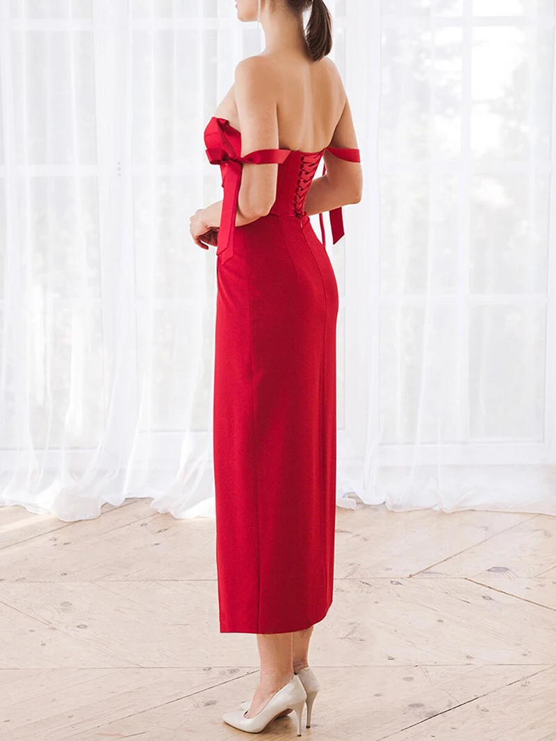Women Sweetheart Backless Slit Evening Dress Elegant Bow Bandage Straight Pencil Party Dress Fashion Fomal Vestido De Noite