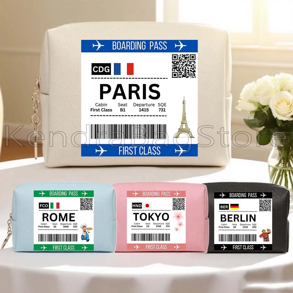 Nueva York Roma París Berlín Tokio Kyiv Madrid pase de embarque bolsa de cosméticos de viaje de cuero PU bolsas de maquillaje de aseo impermeables para mujeres
