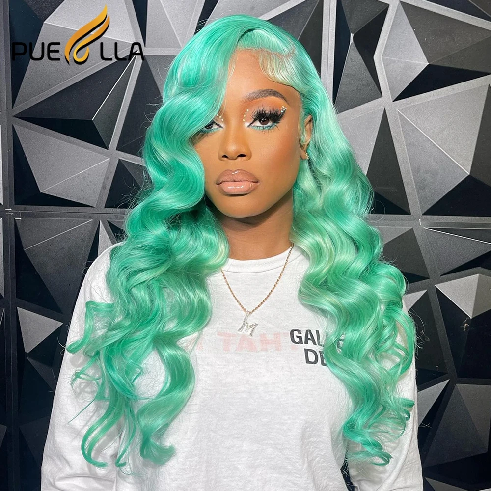 Mint Green Colored 13X4 Lace Front Wig Ready To Wear Preplucked 34 Inch Loose Wave Human Hair Frontal Wigs For Women