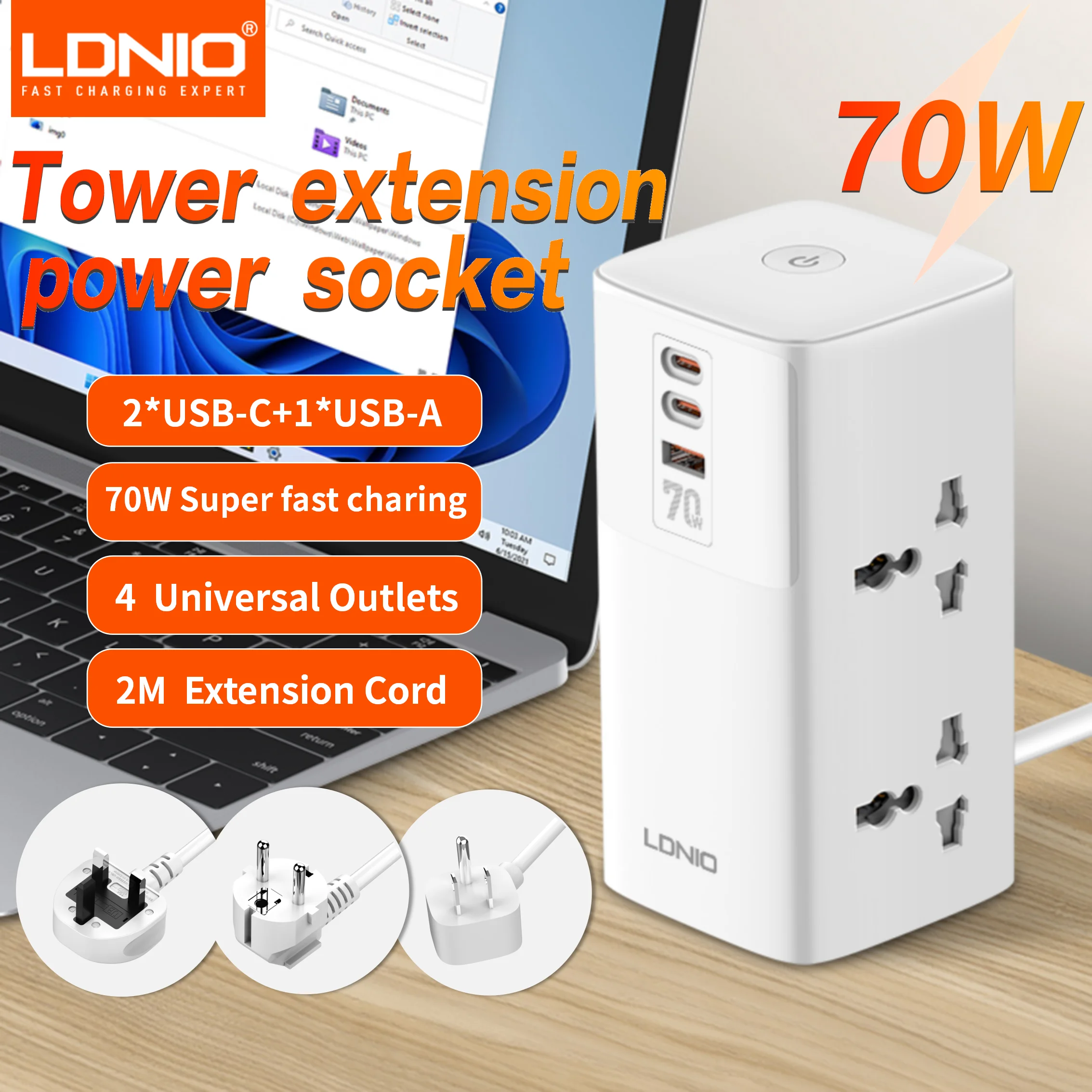 LDNIO 7 in 1 2500W Tower Extension Power Socket 70W Charging Station USB Power Strip 2 Outlets 2 USB-C USB-A Port Extension Cord