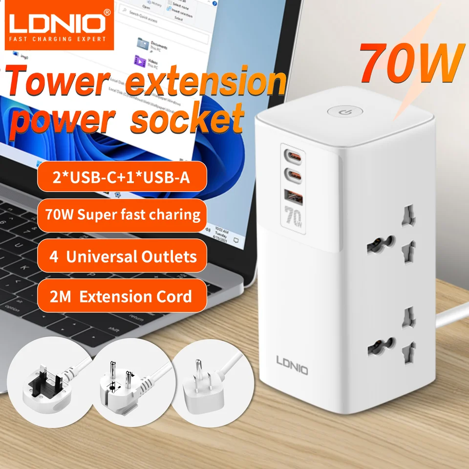 LDNIO 7 in 1 2500W Tower Extension Power Socket 70W Charging