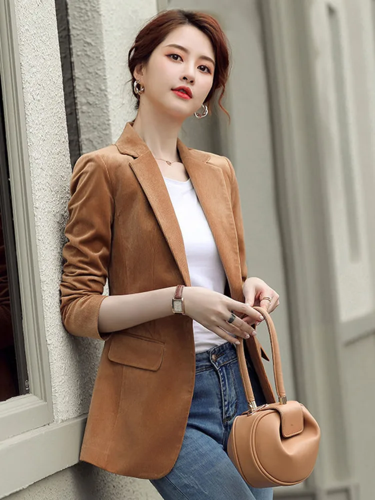 Women Blazer Corduroy Long Sleeve Retro Business Work Temperament Lapel Neck Loose Casual Solid Jackets 2023 New Spring Autumn