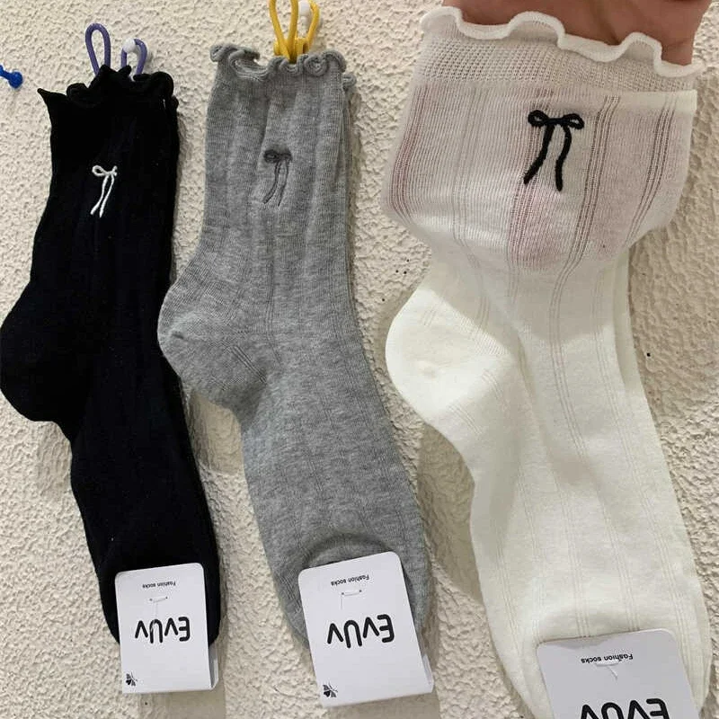 3pairs Sommer Süße Lolita Spitze Bogen Lange Socken für Frauen Mädchen Hohl Socke Casual Crew Lose Sox Mid-rohr dünne Strümpfe