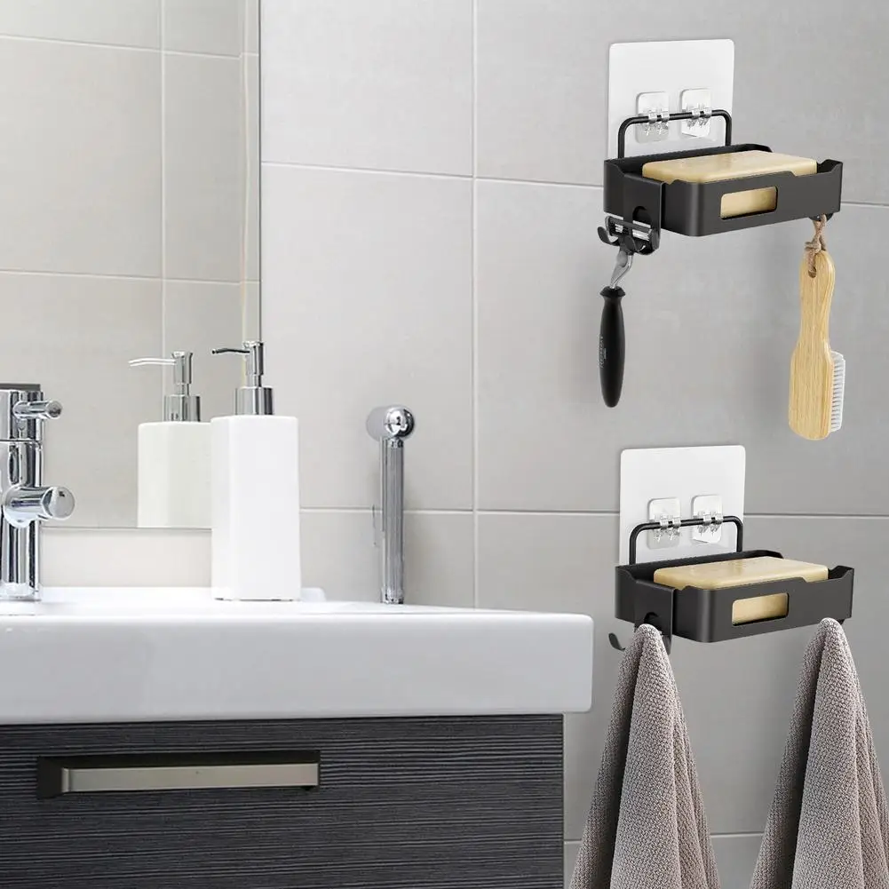 Wall Mounted Soap Holder With Hooks Stainless Steel Soap Tray Slotted Soap Dish Kitchen Bathroom Accessories