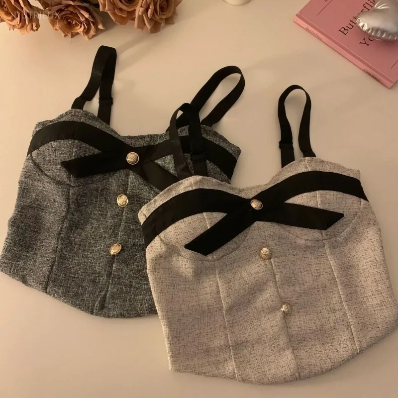 Korean Tank Temperament Crop Tops Women Clothing Single Breasted Bow Sweet Camis Tunic Backless Sexy Vest 2025 Ropa Mujer 7p509