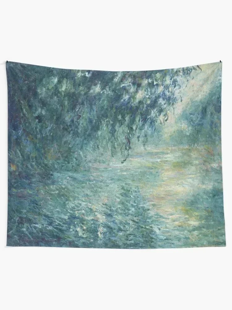 Claude Monet - Misty Morning on the Seine in Blue Tapestry House Decor Tapete For The Wall Tapestry