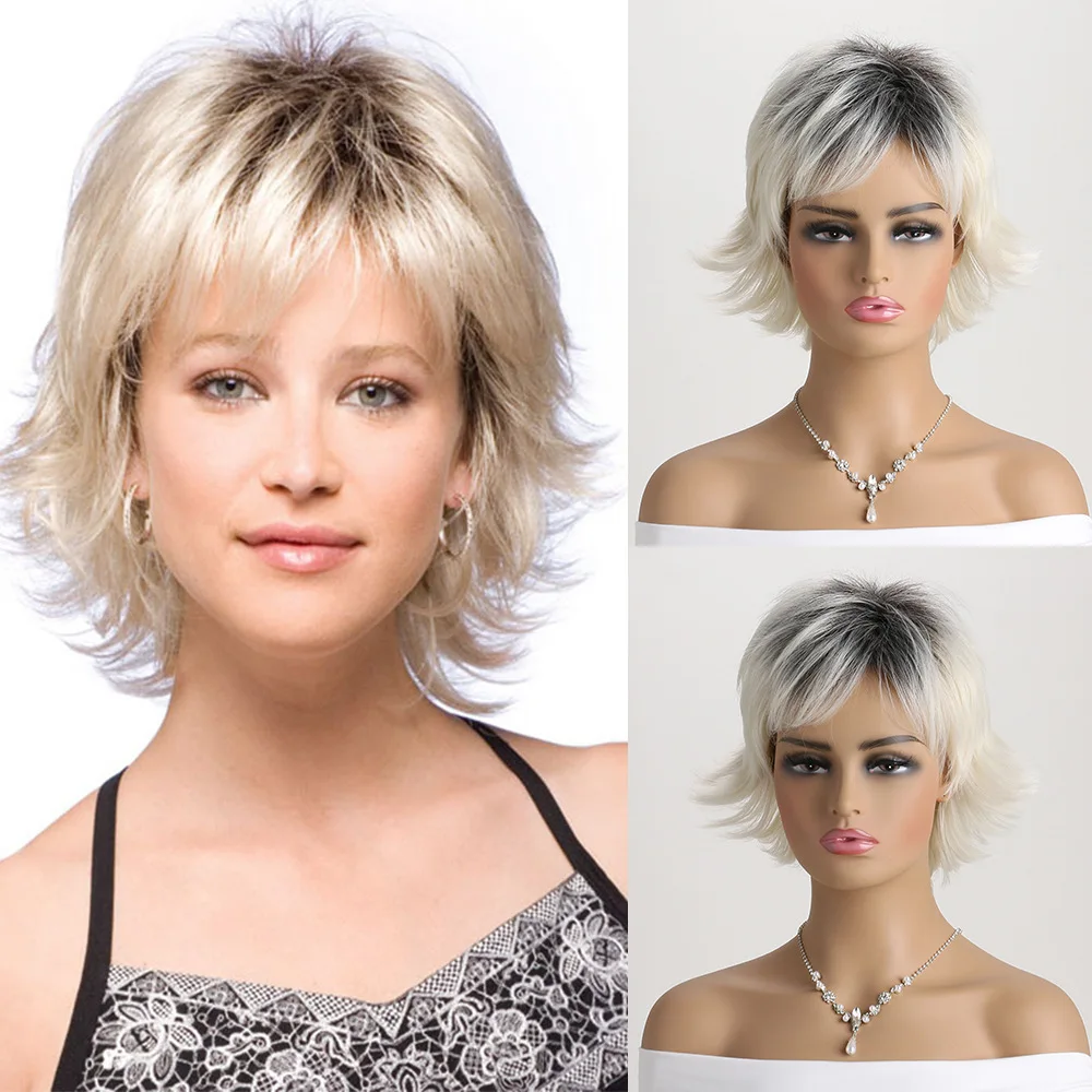 

Short Mixed Blonde Brown Synthetic Wig With Bangs Women Pixie Cut Natural Wave Hair Heat Resistannt Mommy Daily Party Wear Wigs