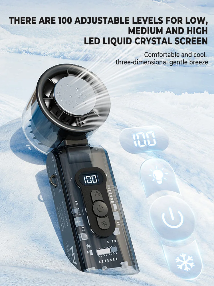 Portable Handheld Fan with Instant Cooling Plate & LED Light,Speed(1-100) Adjustable Turbo Mini Fan,3600mAh Battery Rechargeable