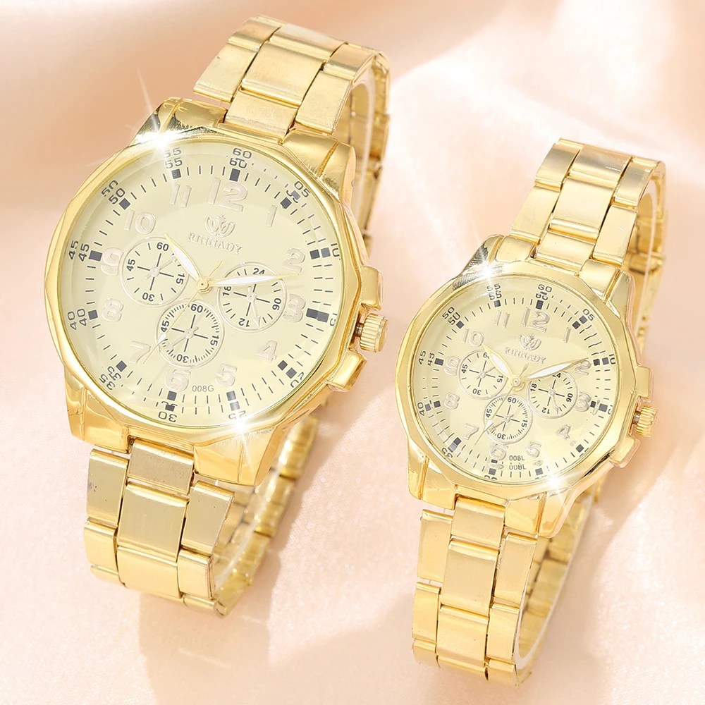 2 Piece Set Of Fashionable Simple Gold Exquisite Temperament Couple Watch, Fashionable Alloy Strap Quartz Watch