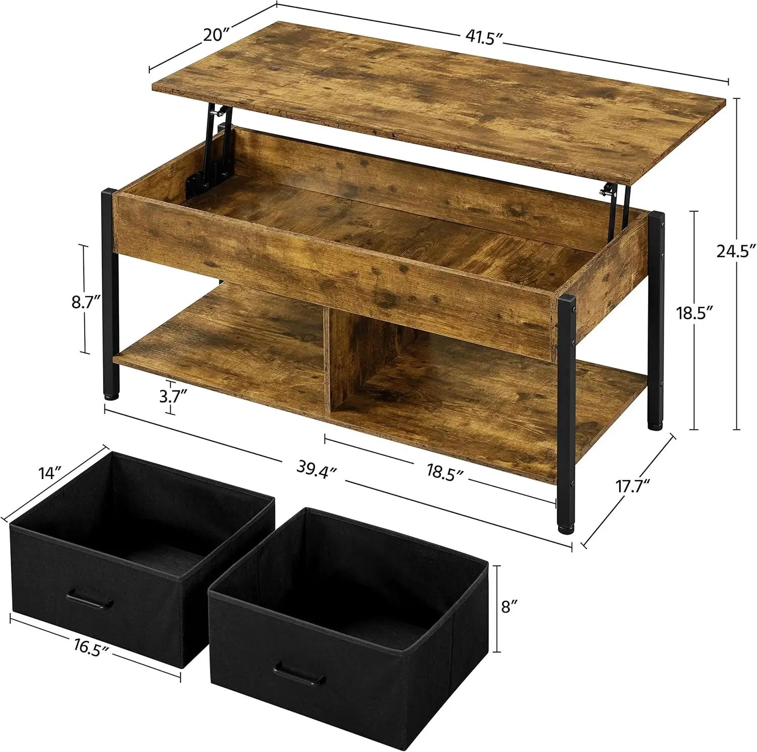 Topeakmart Lift Top Coffee Table With Hidden Compartment, Separated Open Shelves And 2 Fabric Storage Baskets, Modern Central