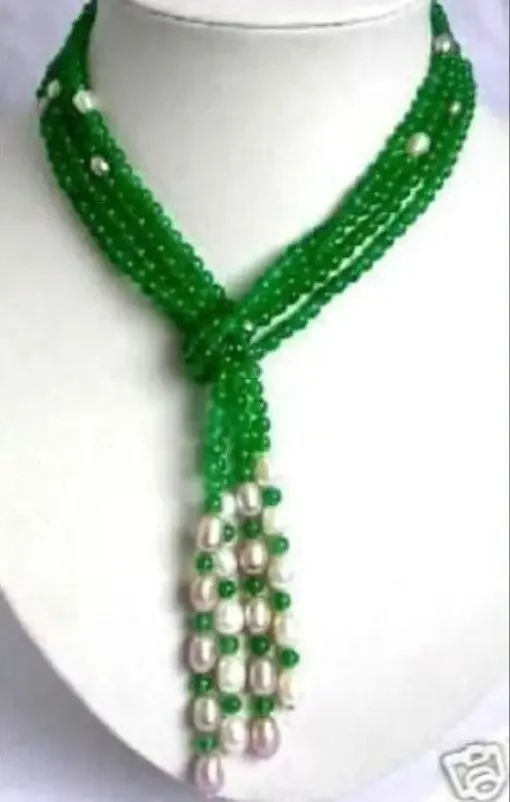 4mm Green jade + White Pearl scarf form long sweater necklace 50