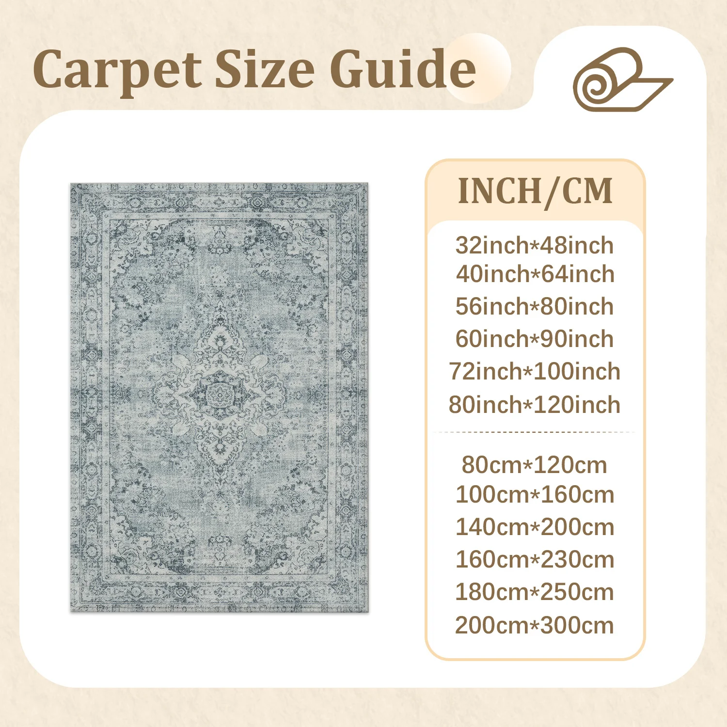 Large Indoor Area Rug, Soft Velvet Low Pile, Non-slip Dotted Backing, Machine Washable Vintage Distressed Medallion Rug, Light Gray Blue Persian Style Area Rug for Living Room Bedroom Dining Room