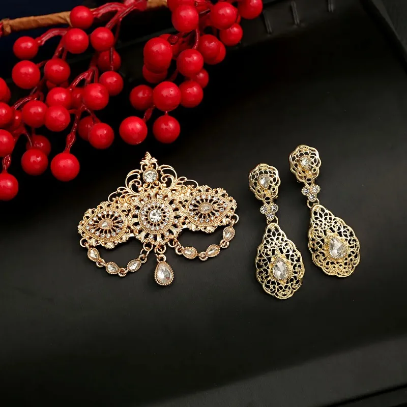 Moroccan Wedding Brooch Sets for Bridal Water Drop Rhinestone Hajib Pins Musilm Trendy Arabic Pins for Backpacks Bijoux