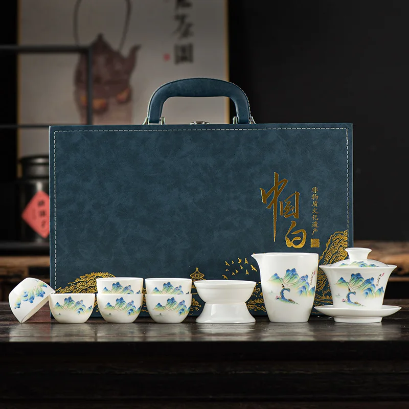 

Dehua Sheep Fat Jade Porcelain Kung Fu Tea Household Set Company Activities Store Opening Business Commemorative